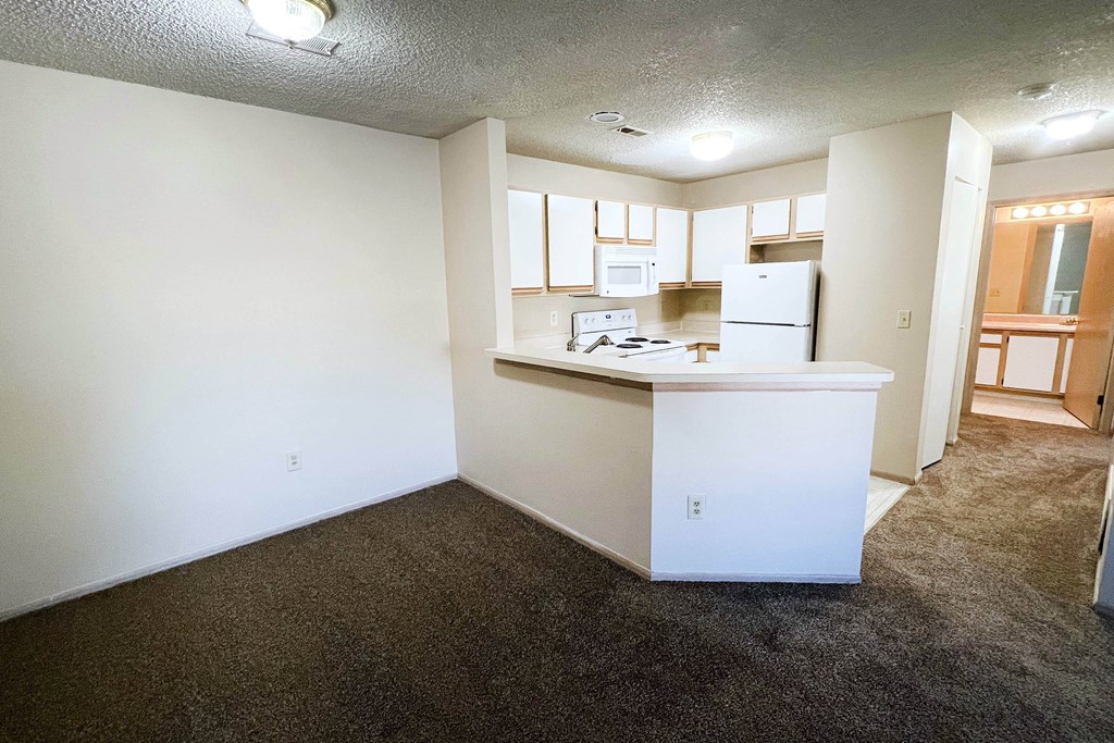 an empty living room and kitchen with white walls and a brown carpet at Eagle Crest Apartments, Galloway, Ohio