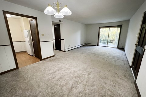 an empty living room with a carpeted floor and a window