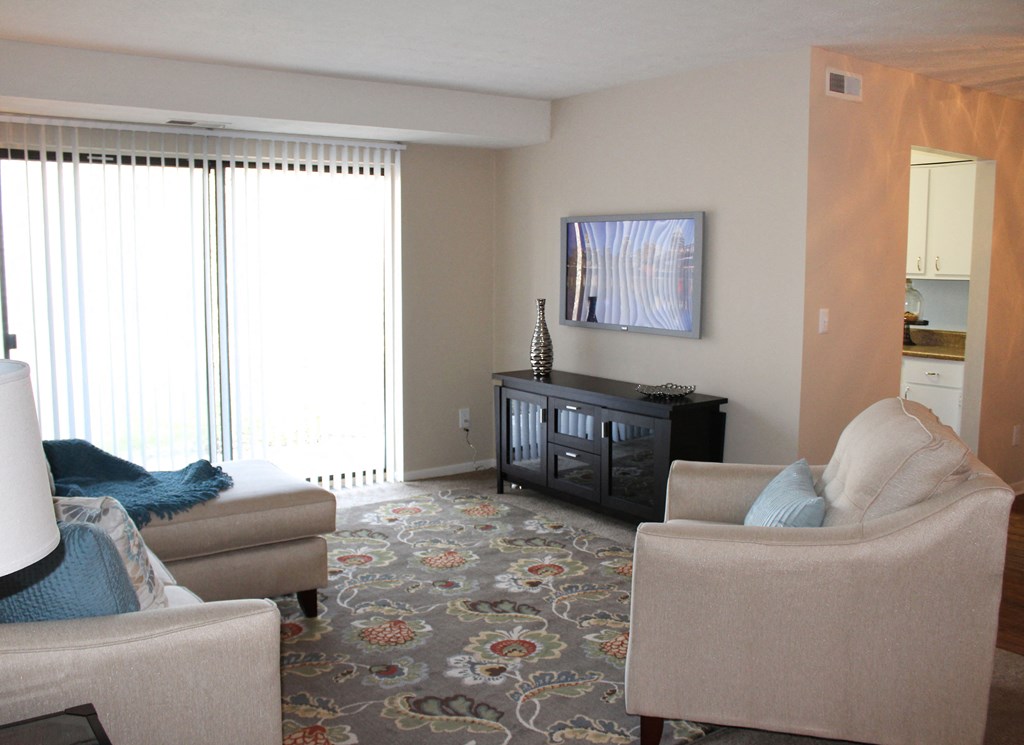 a living room with couches and chairs and a rug  at Hunter's Creek Apartments, Cincinnati
