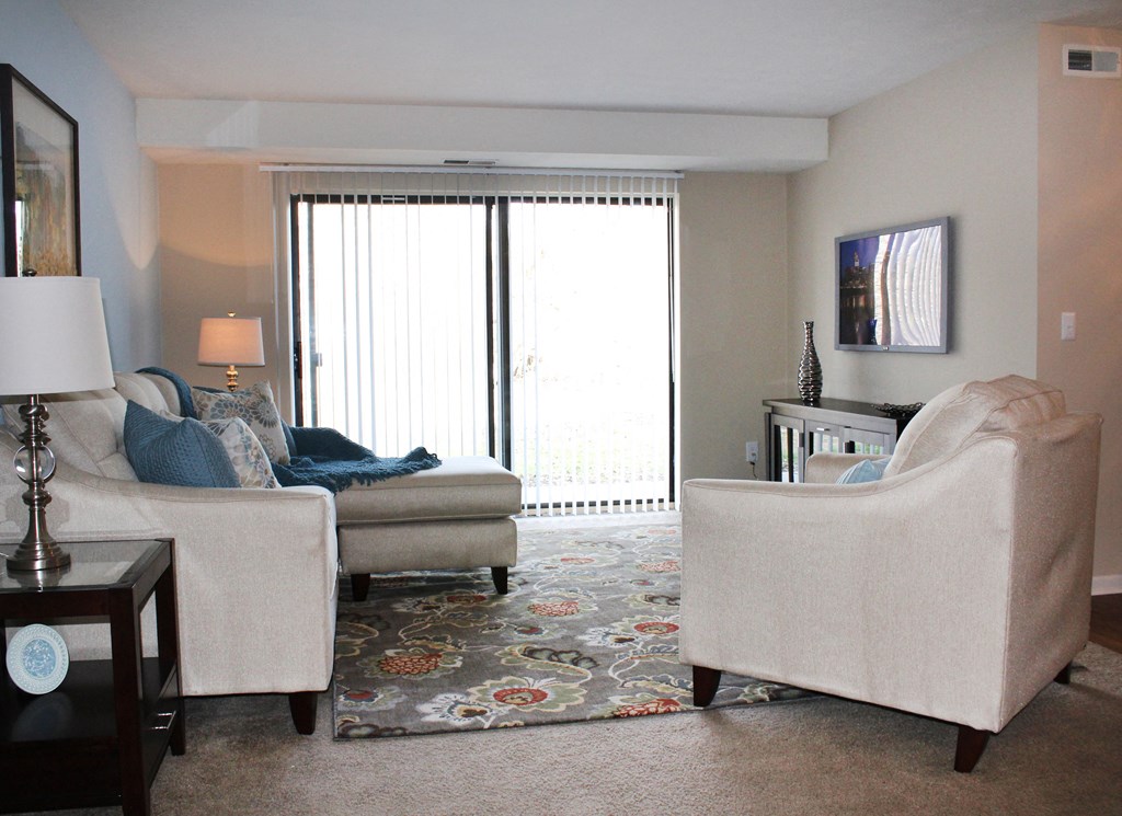 a living room with two couches and a rug  at Hunter's Creek Apartments, Ohio, 45242