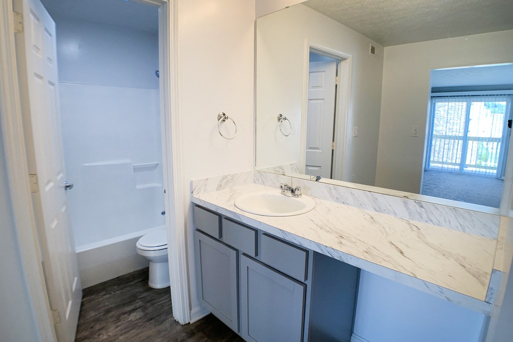 an empty bathroom with a sink and a toilet at Knobs Pointe Apartments, New Albany
