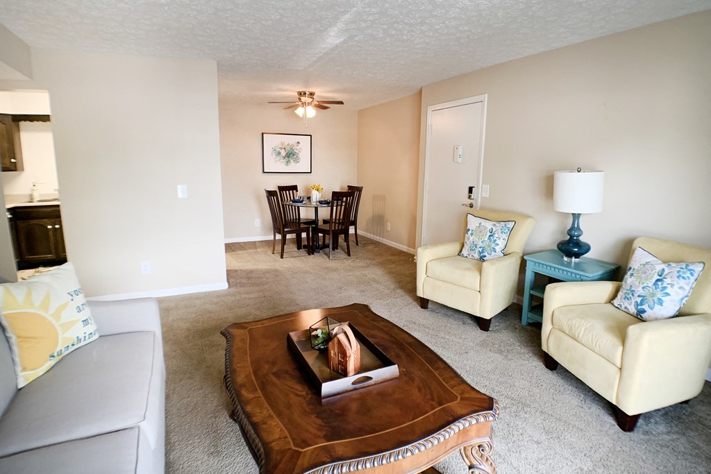 a living room with a couch and a coffee table at Knobs Pointe Apartments, New Albany, IN, 47150