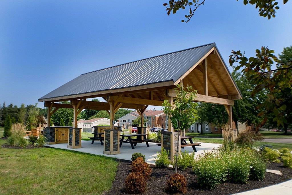 a pavilion with picnic tables in a park at Steeplechase Apartments, Loveland, 45140