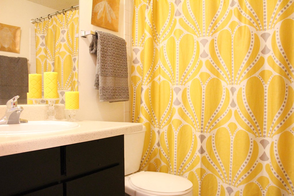 Bathroom with yellow curtain at Miamisburg by the Mall, Miamisburg, OH, 45342