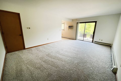 A room with a carpeted floor and a sliding glass door.
