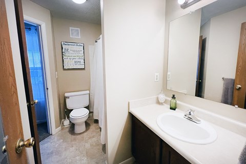 a bathroom with a toilet and a sink and a mirror at The Vinings Apartments, Cincinnati, 45245