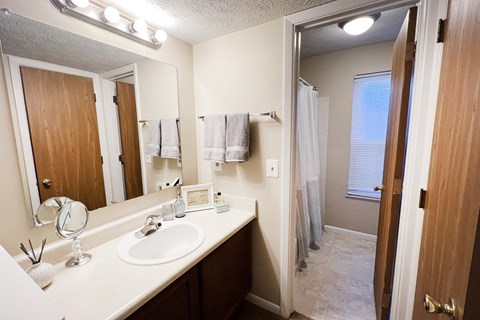 a bathroom with a sink and a mirror and a shower at The Vinings Apartments, Cincinnati, OH