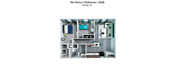 A small apartment layout with a bedroom, bathroom, and living room.