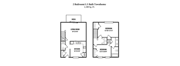A floor plan of a 2 bedroom/1.5 bath townhome.