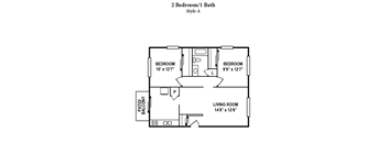 A floor plan of a 2 Bedroom/1 Bath Style A apartment.