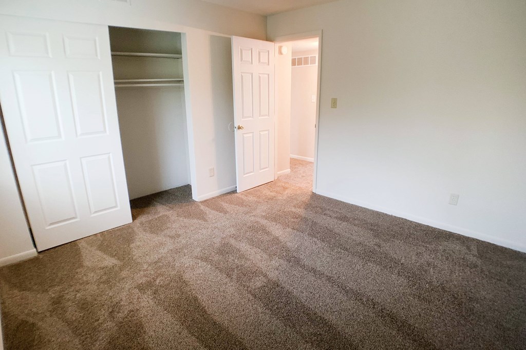 A carpeted room with a white door and a white closet.