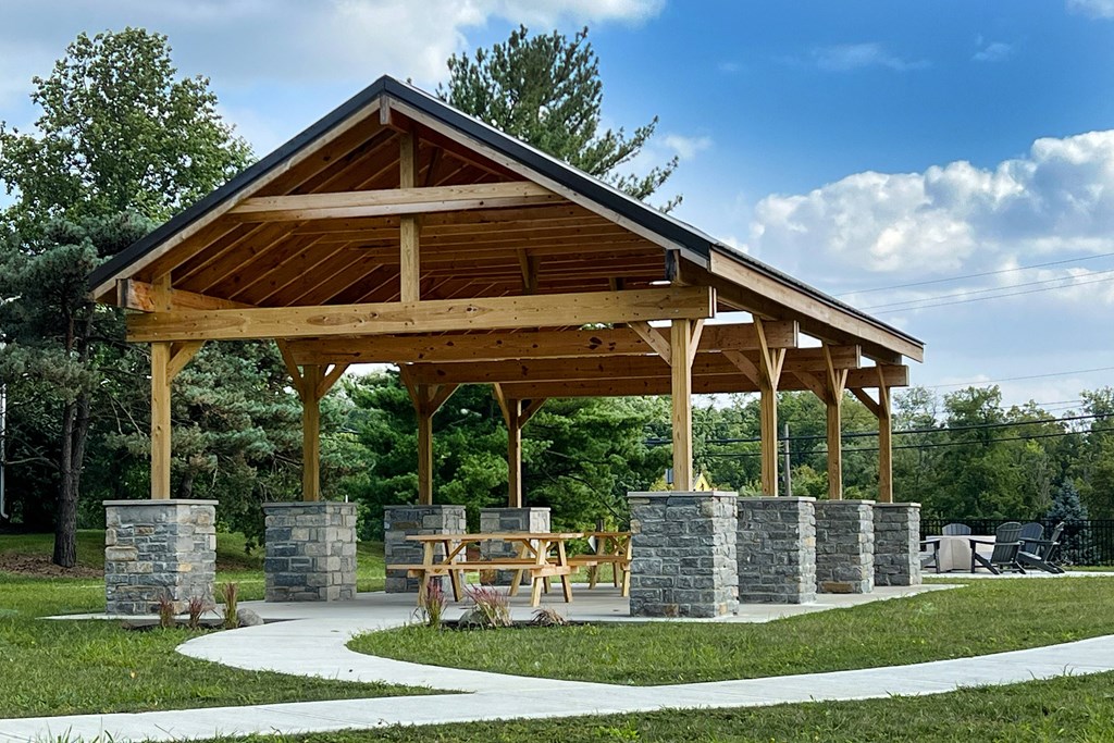 a pavilion with stone pillars in a park at Deercross Apartments, Cincinnati, OH 45236