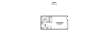 A floor plan of a studio apartment with a living/bedroom area, kitchen, and bathroom.