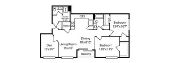 A floor plan of a home with a den, two bedrooms, a living room, and a balcony.