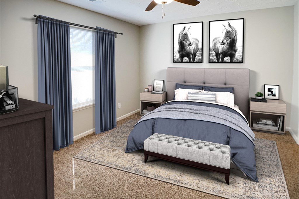 a bedroom with a bed and two horses on the wall  at Aberdine Place, Georgetown, KY, 40324