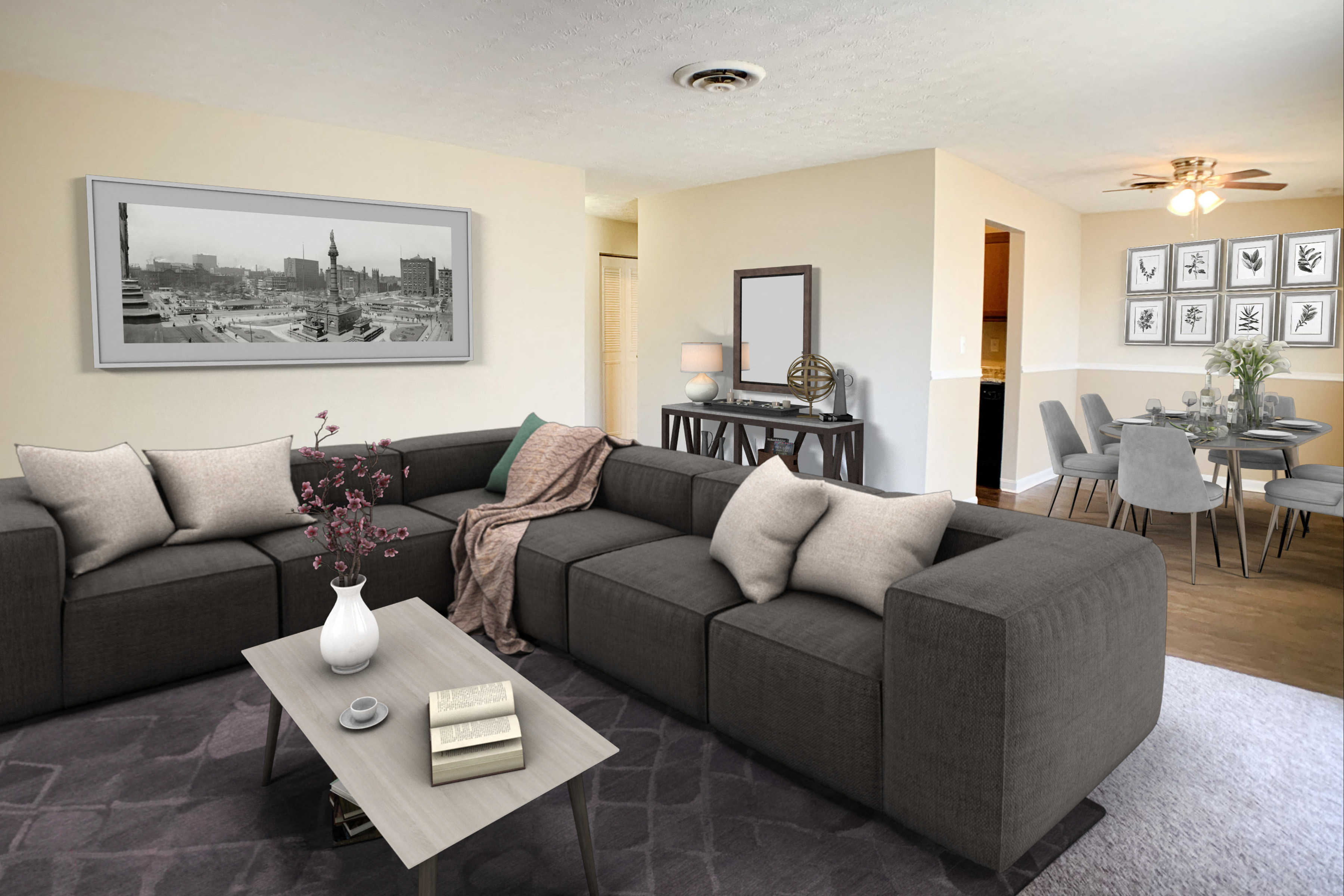 a living room with a couch and a coffee table  at Timber Ridge Apartments, Cincinnati