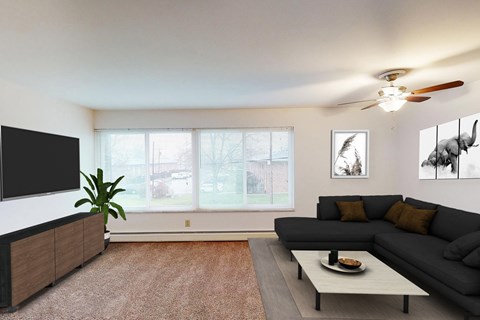 A living room with a grey couch, a black television, and a potted plant.
