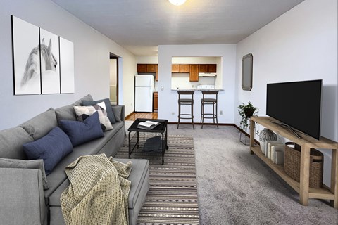 A living room with a grey couch and a television on a wooden stand.