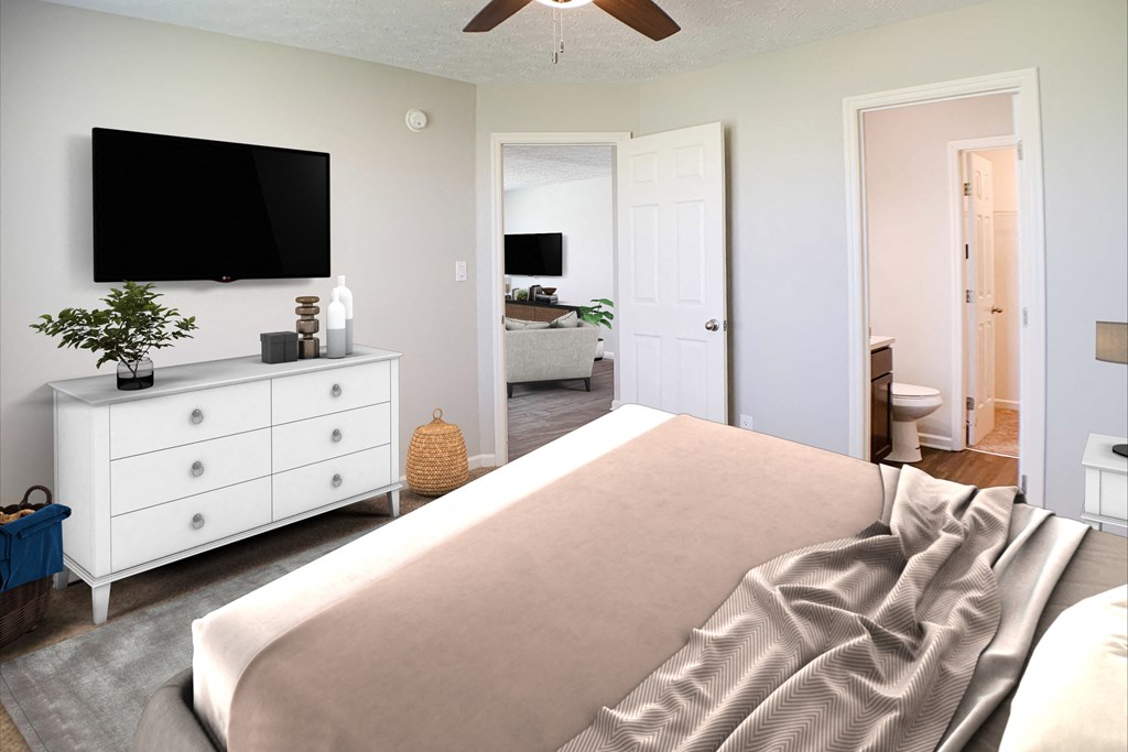 a bedroom with a bed and a tv on the wall  at Aberdine Place, Georgetown, KY, 40324