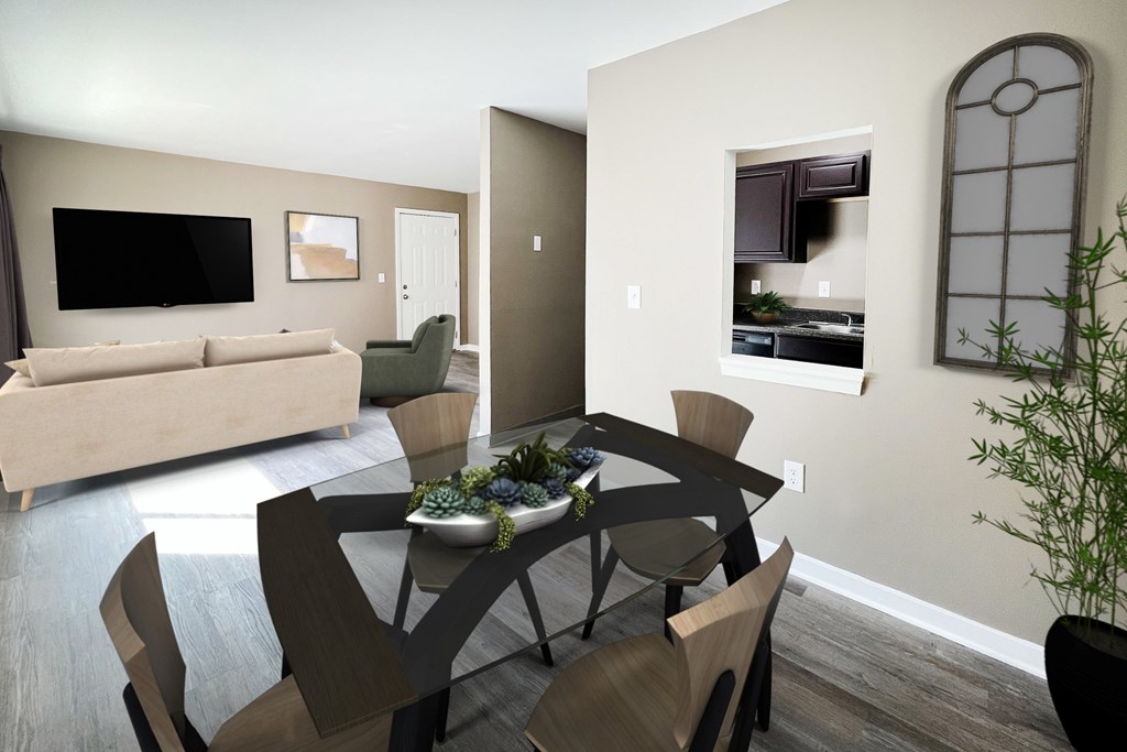 A modern dining room with a wooden table and chairs.
