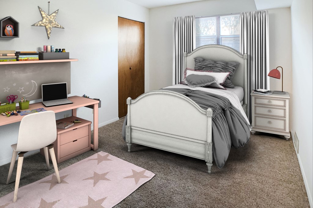Bedroom With Study Area at Four Worlds Apartments, Ohio