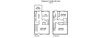 A floor plan of a 2 bedroom, 1.5 bath with a den in Style B.