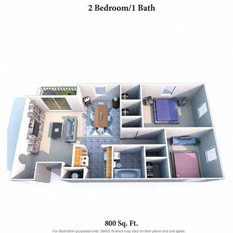 2 bed 1 bath floor plan at Hunter Ridge Apartments, Cincinnati, OH, 45244