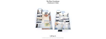 A floor plan of a 3 bedroom, 1.5 bath townhome with a total area of 1,500 square feet.
