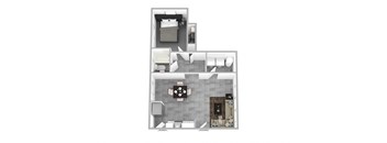A floor plan of a small apartment with a kitchen, living room, and bedroom.