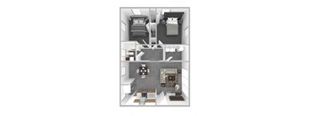 A 3D floor plan of a small apartment with a kitchen, living room, and two bedrooms.