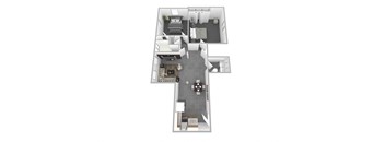 A floor plan of a house with a kitchen, living room, and two bedrooms.