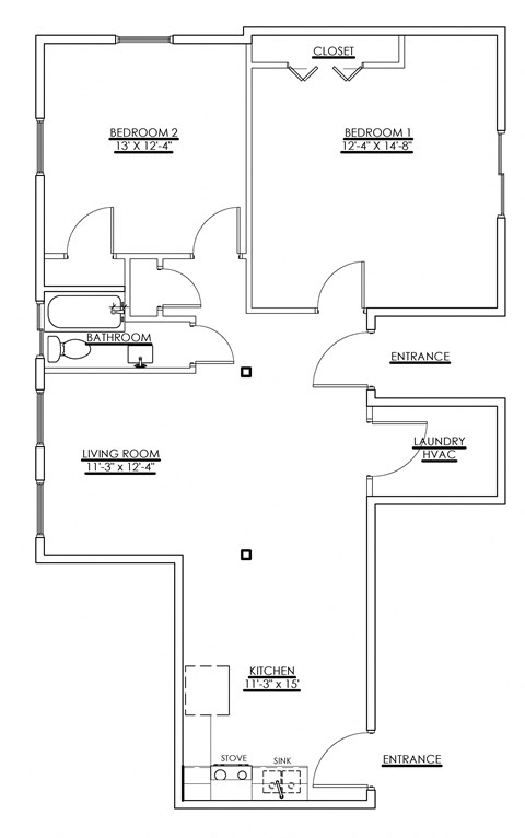 a floor plan of a home with two bedrooms and two bathrooms at Ann Street Lofts, Mobile Alabama
