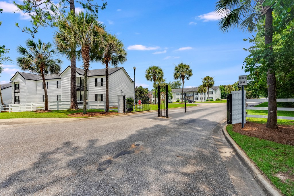 a street with houses on either side and palm trees in the background at Dothan Farms, Alabama