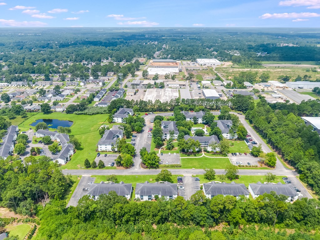 an aerial view of a neighborhood with green grass and trees at Dothan Farms, Alabama, 36305