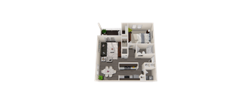 A 3D floor plan of a small apartment with a living room, kitchen, and bedroom.