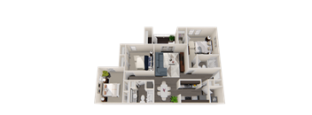A 3D floor plan of a house with a kitchen, living room, and two bedrooms.