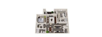 A 3D floor plan of a house with a kitchen, living room, and bedrooms.