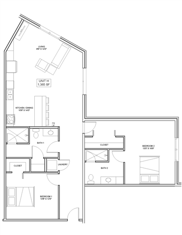 2 bedroom 2 bathroom Floor plan F at The Mobile Lofts, Alabama