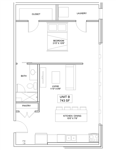 1 bedroom 1 bathroom Floor plan P at The Mobile Lofts, Mobile, Alabama