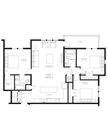 3 bedroom 2 bathroom Floor plan A at The Mobile Lofts, Alabama