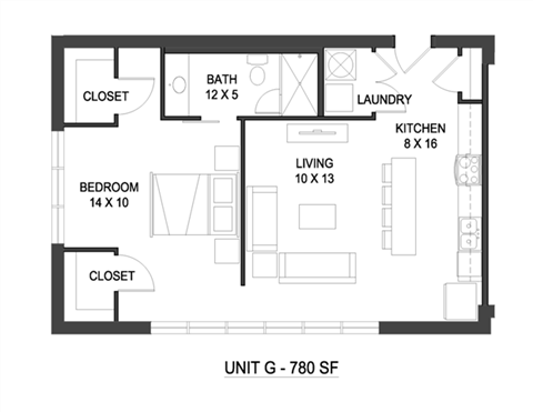 1 bedroom 1 bathroom Floor plan H at The Mobile Lofts, Mobile