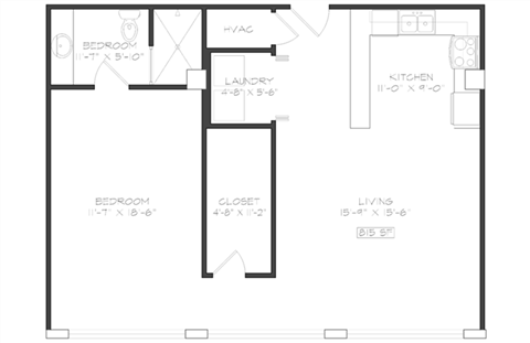 1 bedroom 1 bathroom Floor plan L at The Mobile Lofts, Mobile, Alabama