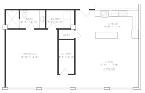 1 bedroom 1 bathroom Floor plan N at The Mobile Lofts, Mobile, AL