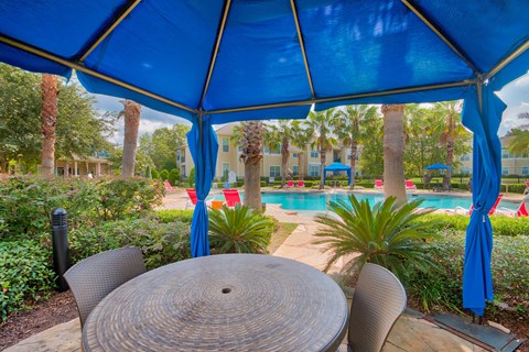 A Blue Umbrella is Over a Table at Villas at Bon Secour Apartments, Gulf Shores, AL, 36542