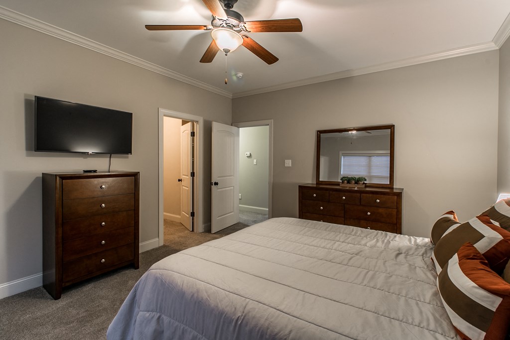 the master bedroom has a large bed and a tv