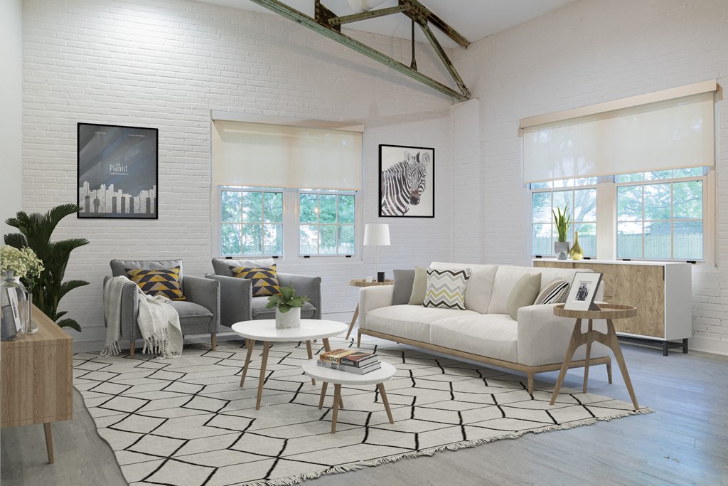 a living room with white walls and a geometric rug