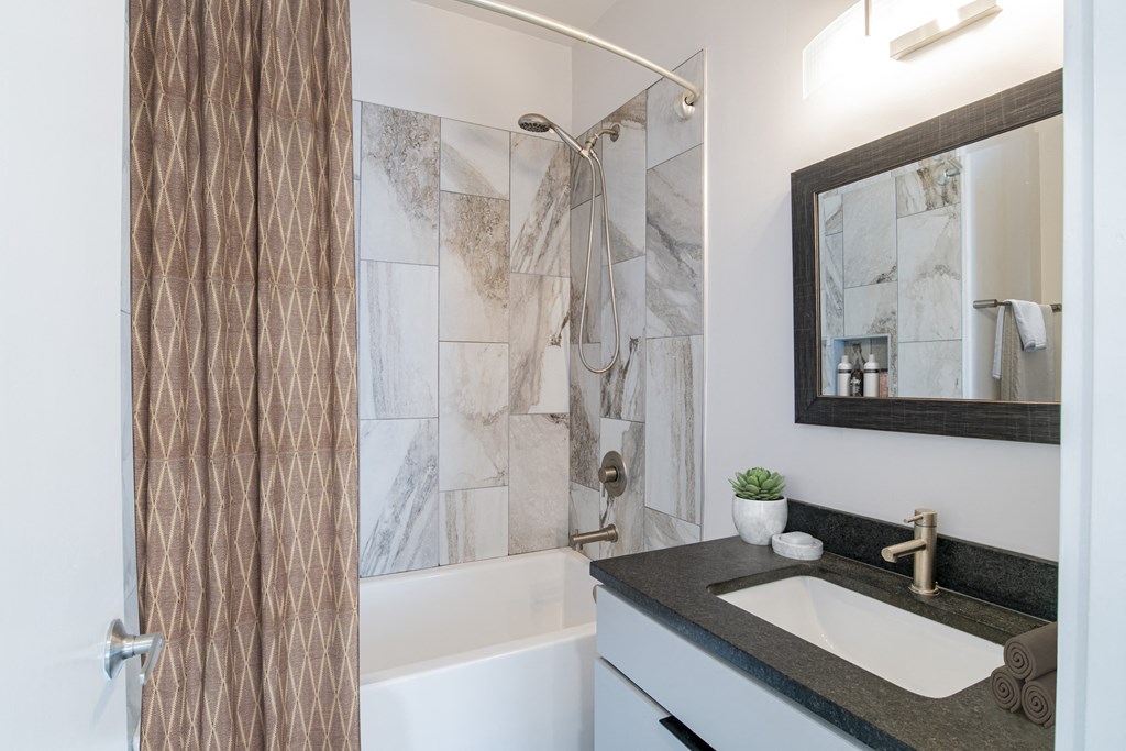 a bathroom with a sink and a shower and a mirror