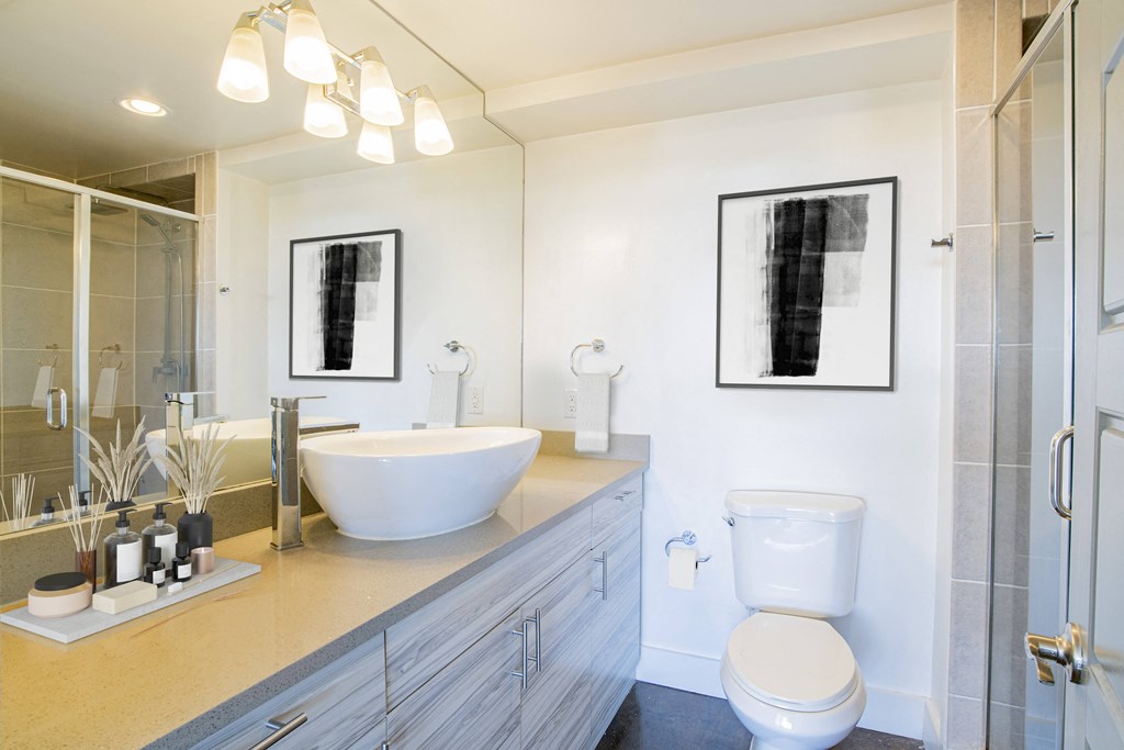 a bathroom with a sink and a toilet and a shower