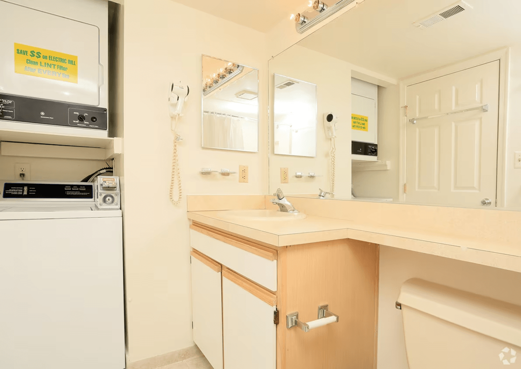a bathroom with a sink and a mirror and a refrigerator