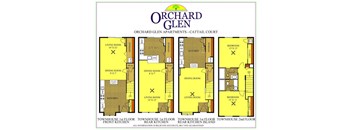 floor plan, 2-bedroom, 2 bathroom, 1st-level lower level, ground level main floor, townhouse 2-floor two-floor apartment with kitchen living room bedrooms bathrooms orchard glen apartments